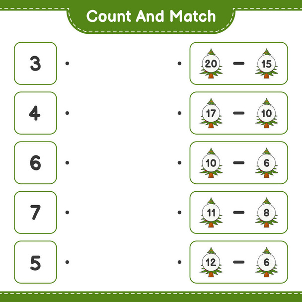 Számolj és egyezz, számold meg a karácsonyfát és egyezz a megfelelő számokkal. Oktatási gyermek játék, nyomtatható munkalap, vektor illusztráció - Vektor, kép