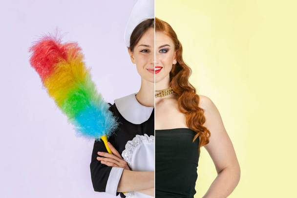 Collage. Half-face portraits of young girl, chambermaid and beautiful woman, jazz singer isolated over pink and yellow background - Φωτογραφία, εικόνα