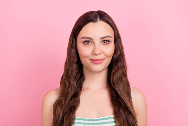 Photo of cheerful positive charming lovely lady look camera wear striped top isolated pink color background - Zdjęcie, obraz