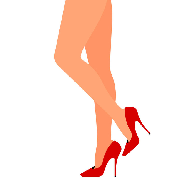 Hoikka naisten jalat punainen korkokengät. Nainen hoikka jalat seisoo punaisissa pumpuissa kenkä. Eri korkokengät lattialla. Käsite ostoksia, muoti, tohveli, vaatekaappi. Vektori kuva banneri, kansi, juliste. - Vektori, kuva