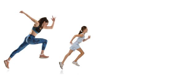 Collage of young sportive woman and teen girl, running athlete in motion, training isolated over white background. - Photo, Image