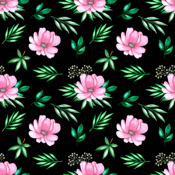 Aquarel naadloos patroon tuin bloemen roos en pionia - Foto, afbeelding