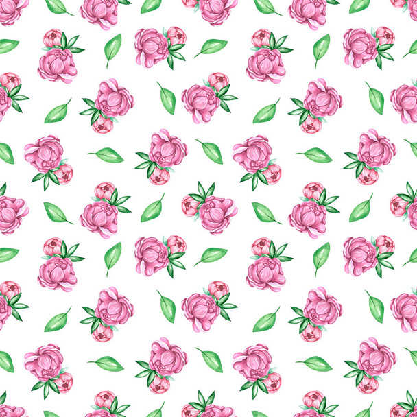 Aquarela sem costura padrão flores do jardim rosa e pionia - Foto, Imagem