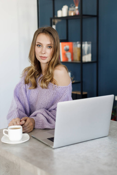 Young woman working at home, cozy portrait indoor - Фото, изображение
