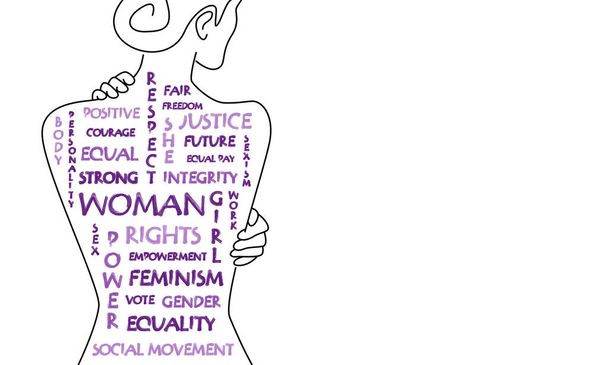 Illusztráció egy nő vissza feminista szavakkal írva. - Vektor, kép
