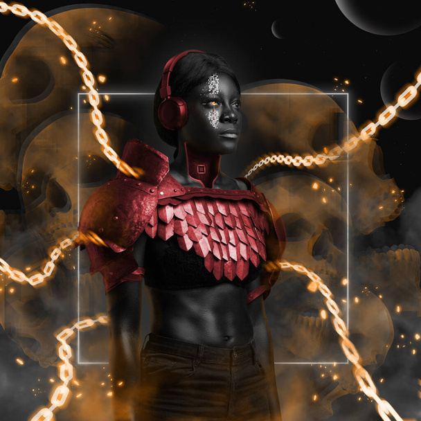 Μαύρη γυναίκα ντυμένη με κόκκινη πανοπλία και ακουστικά σε στυλ cyberpunk - Φωτογραφία, εικόνα
