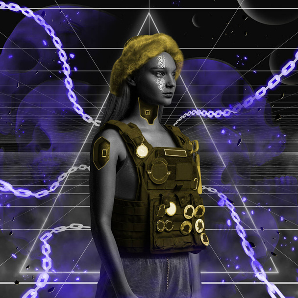 Elf kobieta w stylu cyberpunk ubrany w żółtą kamizelkę - Zdjęcie, obraz