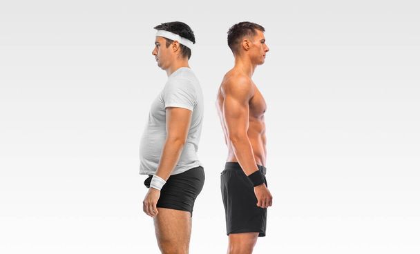 Before and After fitness Transformation. Side view. The man was fat but became athlet. Fat to fit concept. - Foto, afbeelding