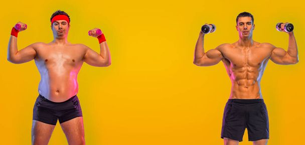 Man with dumbbells. Before and After Weight Loss fitness Transformation. Guy was fat but became athlet. Fat to fit concept. - 写真・画像