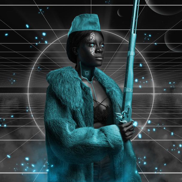 Mujer africana vestida con abrigo de piel y rifle de mano - Foto, imagen