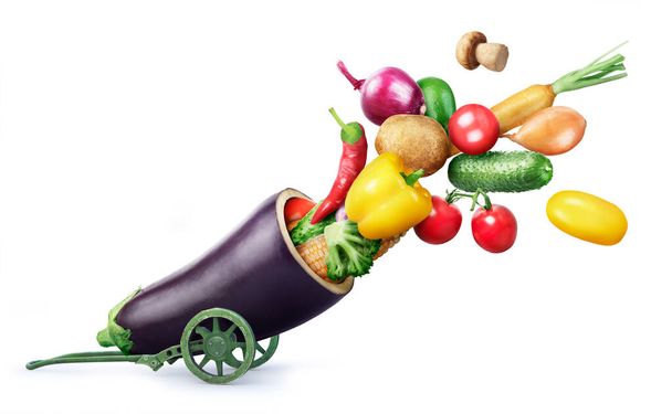 Healthy food concept. Sliced eggplant in the form of a vintage cannon shoots vegetables isolated on a white background. 3d illustration. - Fotoğraf, Görsel