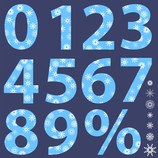 Zestaw zimowych numerów płatków śniegu izolowanych na niebieskim tle - Wektor, obraz