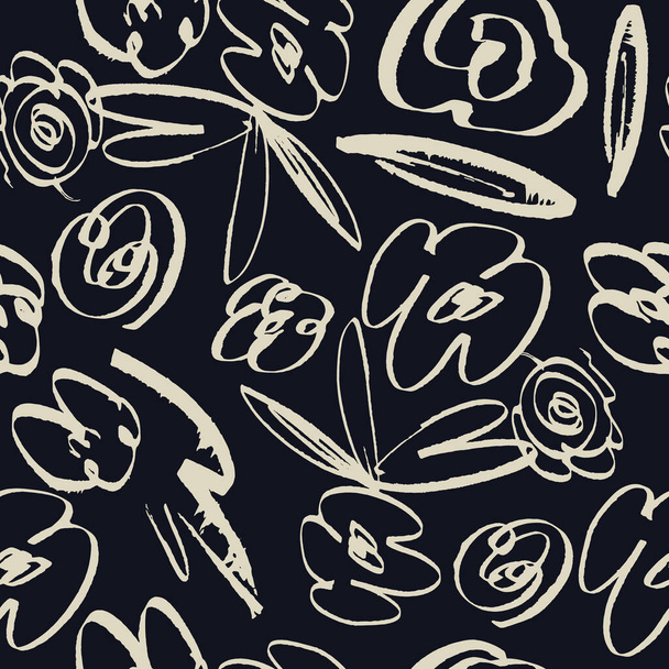 Simple abstract flower seamless pattern. Hand drawn vector botanical background illustration. Brush leaves and flowers. paint ink illustration with abstract floral motif. - Wektor, obraz