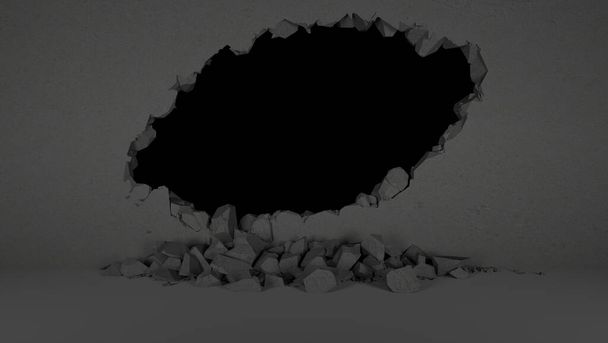 rotura en la pared negra en forma de un óvalo, ilustración 3d - Foto, imagen