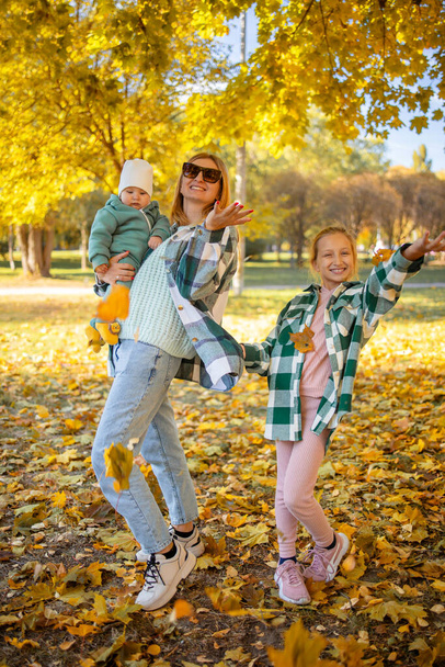 Jovem mãe andando um bebê e irmã mais velha ao ar livre no parque de outono. - Foto, Imagem