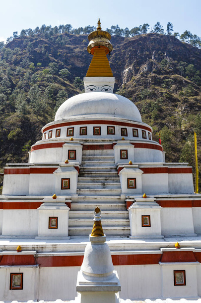 White Buddhist pagoda in the mountains of Bhutan, Asia - 写真・画像