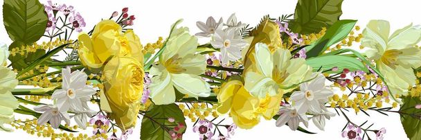 Horizontal seamless background with spring flowers, roses, tulips, mimosa, daffodils illustration. - Vector, Image