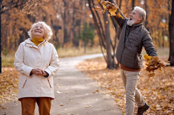 Fall season. Family aged couple throwing leaves in autumn forest, having fun outdoors - Foto, immagini