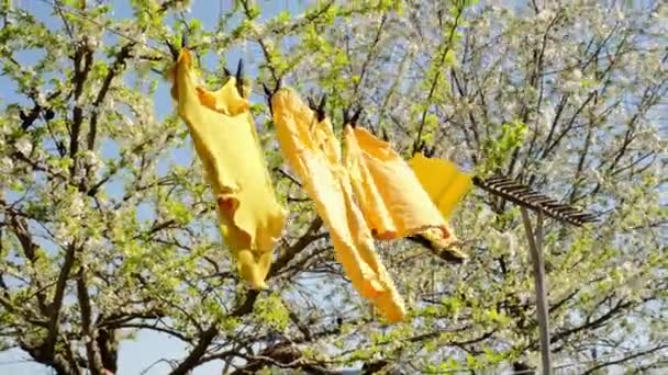 Baby clothes and rain gumboots hang and dry on a clothesline tied to an old wooden rake. Drying laundry outdoor in the garden under the rays of the sun. Fading of the fabric color from direct sunlight - Footage, Video