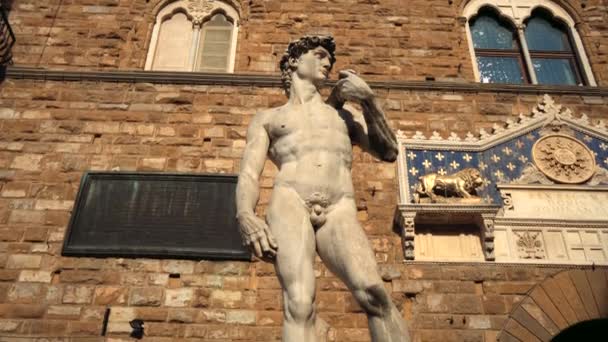 Γείρε κάτω από το άγαλμα του Δαβίδ του Μιχαήλ Άγγελου, στην Piazza della Signoria, Φλωρεντία, Ιταλία - Πλάνα, βίντεο
