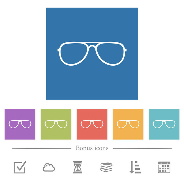 Glasses flat white icons in square backgrounds. 6 bonus icons included. - Vector, Image