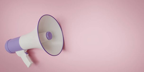 Purple megaphone loudspeaker isolate on pink background. A megaphone is placed on the pink floor. Copy space. 3d rendering illustration. - Photo, Image