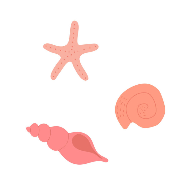 Conjunto de conchas rosadas dibujadas a mano y estrellas de mar. Doodle estilo plano  - Vector, Imagen
