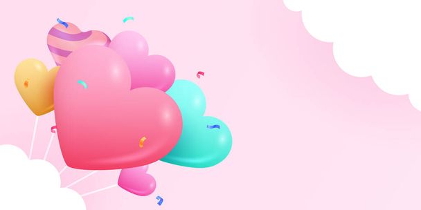 Happy Valentines Day Background with Flying Hearts Balloons. - Vektori, kuva