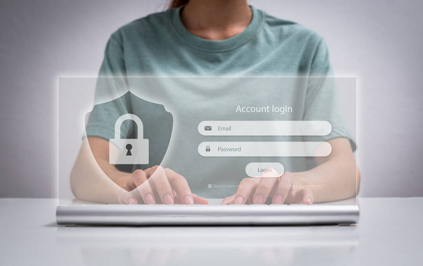 アクセスウィンドウを使用してラップトップにパスワードを入力してログインし、ユーザー名パスワードを登録するログイン、サイバー保護、情報プライバシーを入力します。保護インターネットと技術の概念. - 写真・画像