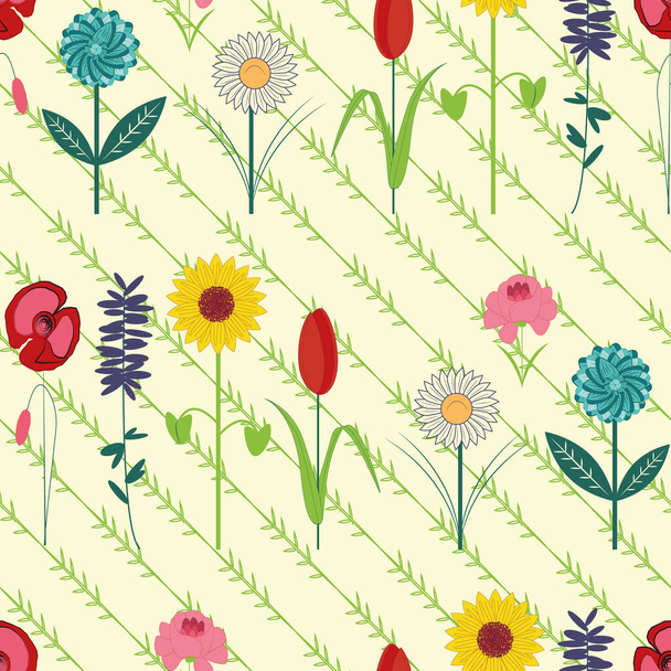 Colorful hand drawn flowers vector seamless repeat pattern print background - Vector, Image