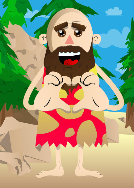 Cartoon prehistoric man with heart shape hand gesture. Vector illustration of a man from the stone age. - Vetor, Imagem