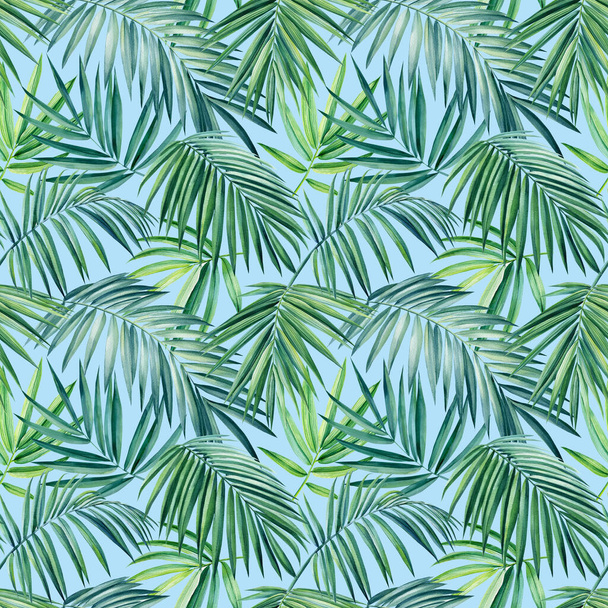 Tropical Palm leaves, blue background, watercolor botanical illustration. Seamless patterns. - Photo, Image