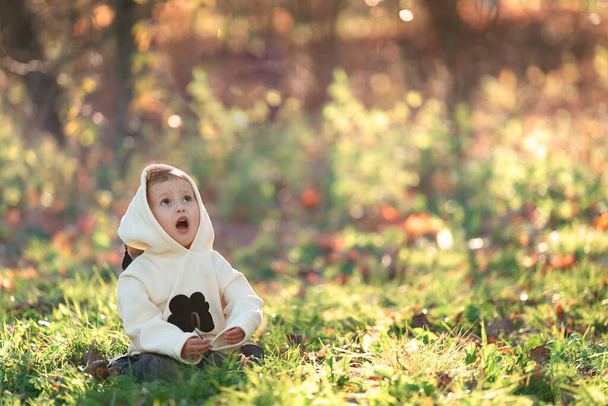The child is very surprised looks up and sits on the grass - Φωτογραφία, εικόνα