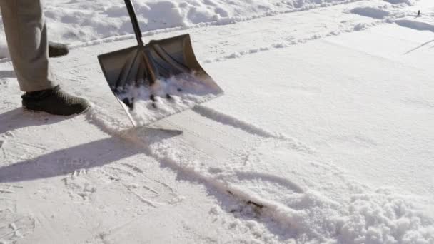 Φτυάρισμα χιονιού με φτυάρι το χειμώνα σε αργή κίνηση - Πλάνα, βίντεο