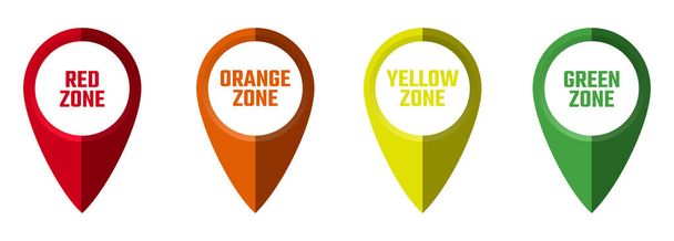 Set icons, tags to indicate important places on map, design flat style vector illustration, isolated on white. inscription on tag, designation early zones color designation - Vector, Image