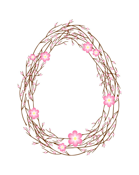 Egg Easter template from twigs with flowers , brush branch, postcard, isolated, white background. - Vetor, Imagem