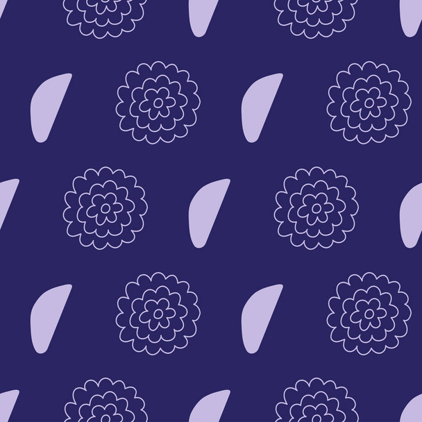 Geometrische bloemenhand naadloos getekend patroon, roze elementen op donkerblauwe achtergrond. - Vector, afbeelding