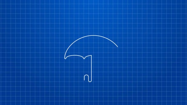 Weiße Linie Regenschirm und Regentropfen Symbol isoliert auf blauem Hintergrund. Wasserdichtes Symbol. Schutz, Sicherheit, Sicherheitskonzept. Wasserdichtes Symbol. 4K Video Motion Grafik Animation - Filmmaterial, Video