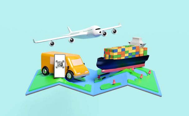船、飛行機、スマートフォン、地図、青で隔離されたqrコードスキャンと3D配信バン。サービスや交通機関, - 写真・画像
