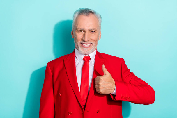 Photo of confident retired man wear red three piece suit showing thumb up isolated turquoise color background - Valokuva, kuva