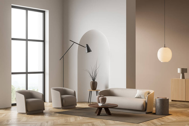 Modern villa living room design interior, beige furniture, bright walls, hardwood flooring, sofa, armchair with lamp. Concept of relax. 3d rendering - Photo, Image