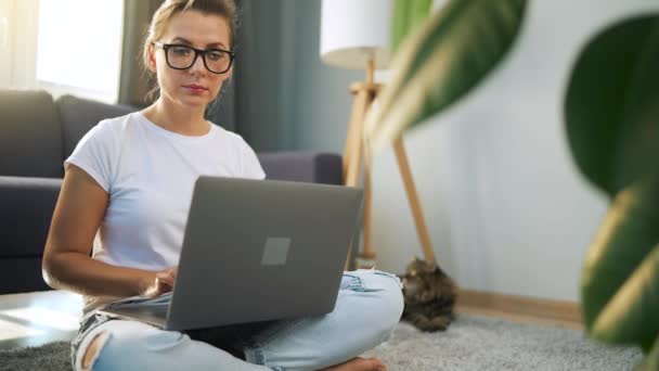 Femme avec des lunettes est assis sur le sol et travaille sur un ordinateur portable. Chat moelleux se trouve en arrière-plan. Concept de télétravail. - Séquence, vidéo