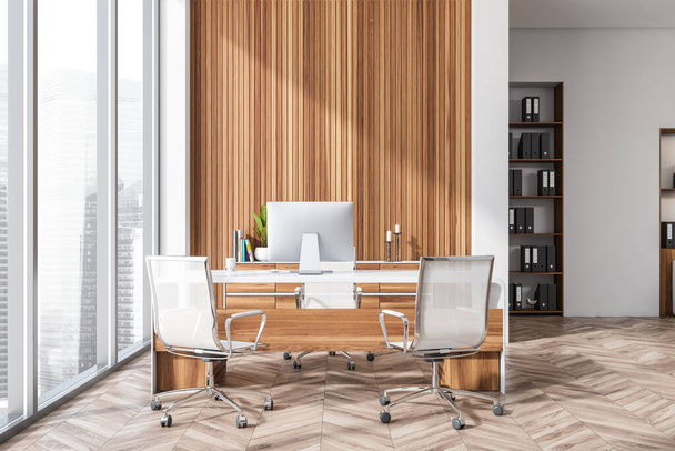 White and wooden panels panoramic office interior with CEO workplace, a bookcase with folders. Hearing bone hardwood floor. A concept of modern office design. 3d rendering - Foto, Imagem