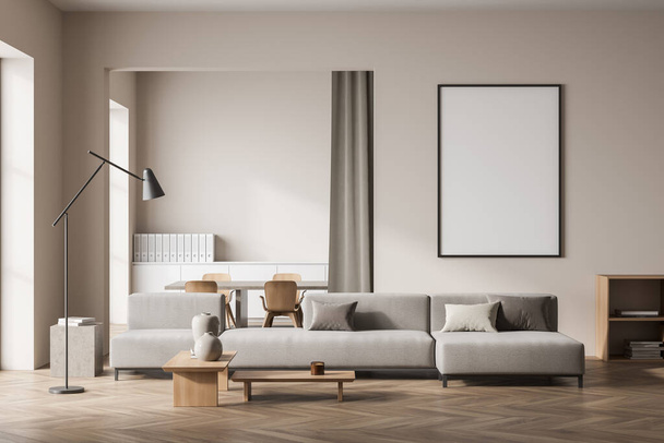 Bright living room interior with empty white poster, sofa, oak wooden hardwood floor, shelf, coffee table, pillows, table, chair. Place for meeting and relaxation. Mock up. 3d rendering - Φωτογραφία, εικόνα