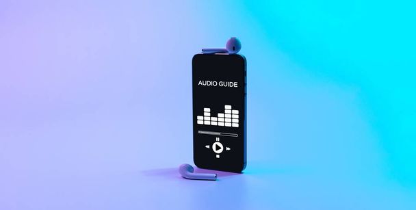 Audio tour aplicación en línea en el teléfono inteligente móvil digital con auriculares de música. Biblioteca digital con audiolibros, audioguía, cursos sobre fondo de neón - Foto, imagen