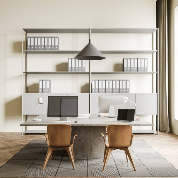 Side view on bright office room interior with two desktops, laptops, window, oak hardwood floor, shelves with folders. Concept of company. Place for working process. 3d rendering - Fotó, kép