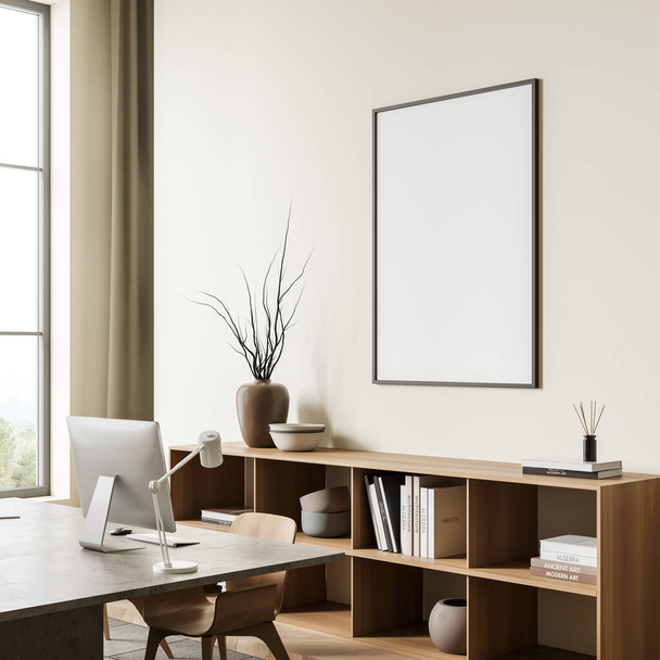 Bright office room interior with empty white poster, desktop, panoramic window with countryside view, oak wooden hardwood floor. Concept of company. Place for working process. Mock up. 3d rendering - Photo, Image