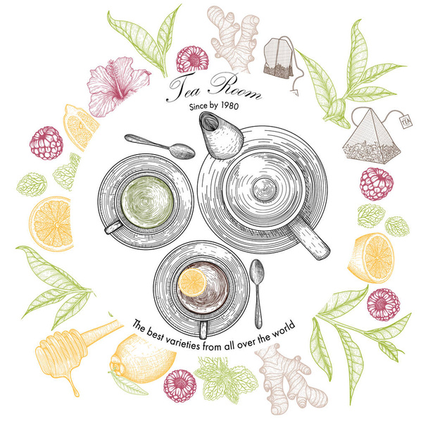  Illustration vectorielle d'un modèle de bannière pour un salon de thé. Tasses, théière, cuillère, citron, feuilles de thé, framboises, gingembre, sachets de thé, menthe, miel - Vecteur, image