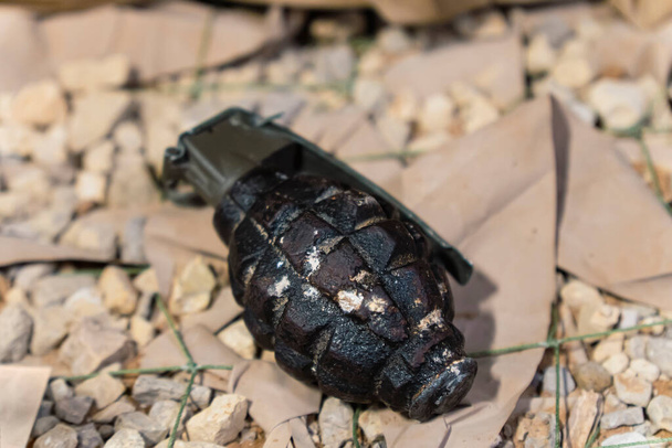 gros plan d'une grenade noire sur le sol. grenade à fragmentation - Photo, image