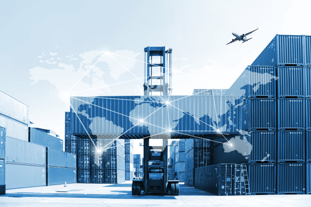 Double exposure of delivery industry and logistics concept container truck ,ship in port and freight cargo plane in transport and import-export commercial logistic  - Photo, Image